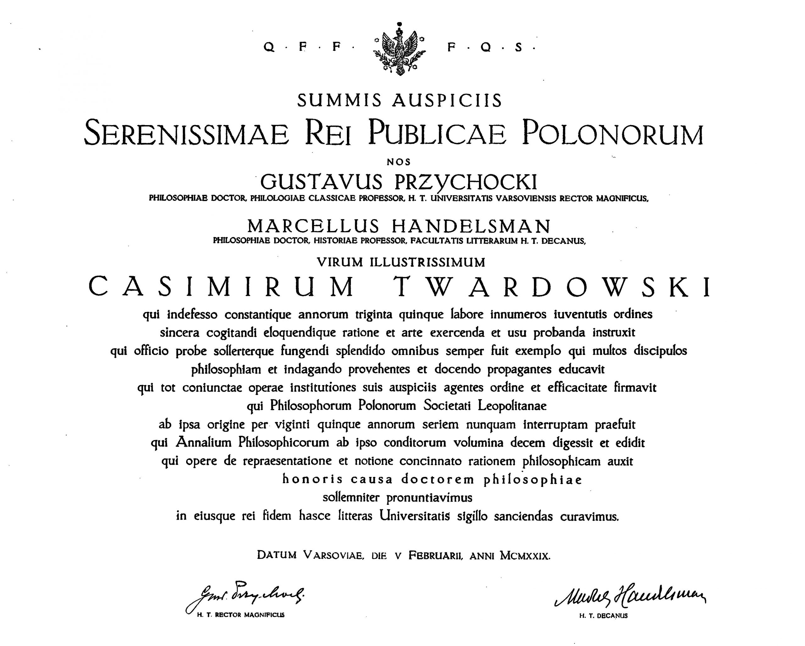 Dyplom nadania doktoratu honoris causa Uniwersytetu Warszawskiego (1929)