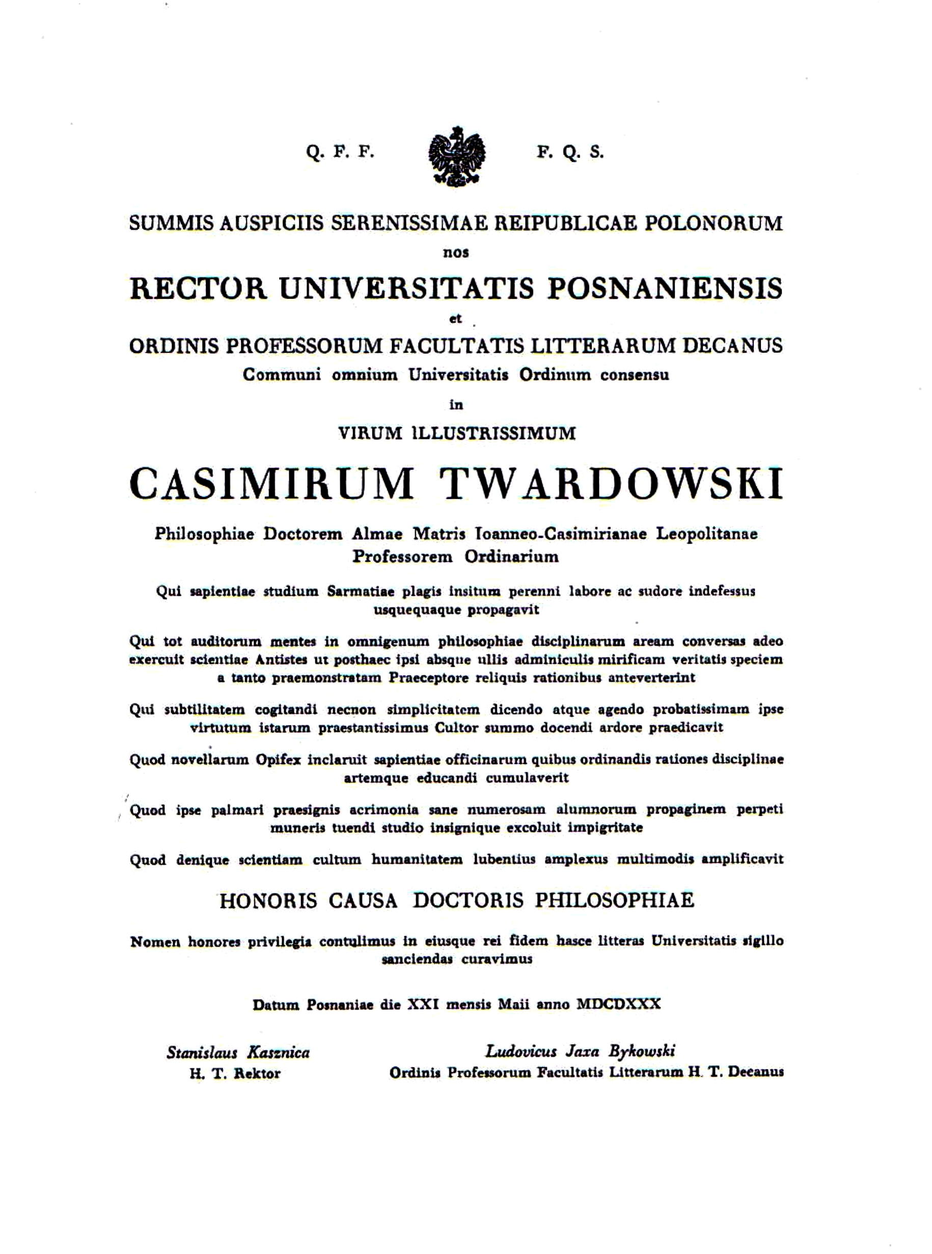 Diploma of the honorary doctorate of the University of Poznań (1930)