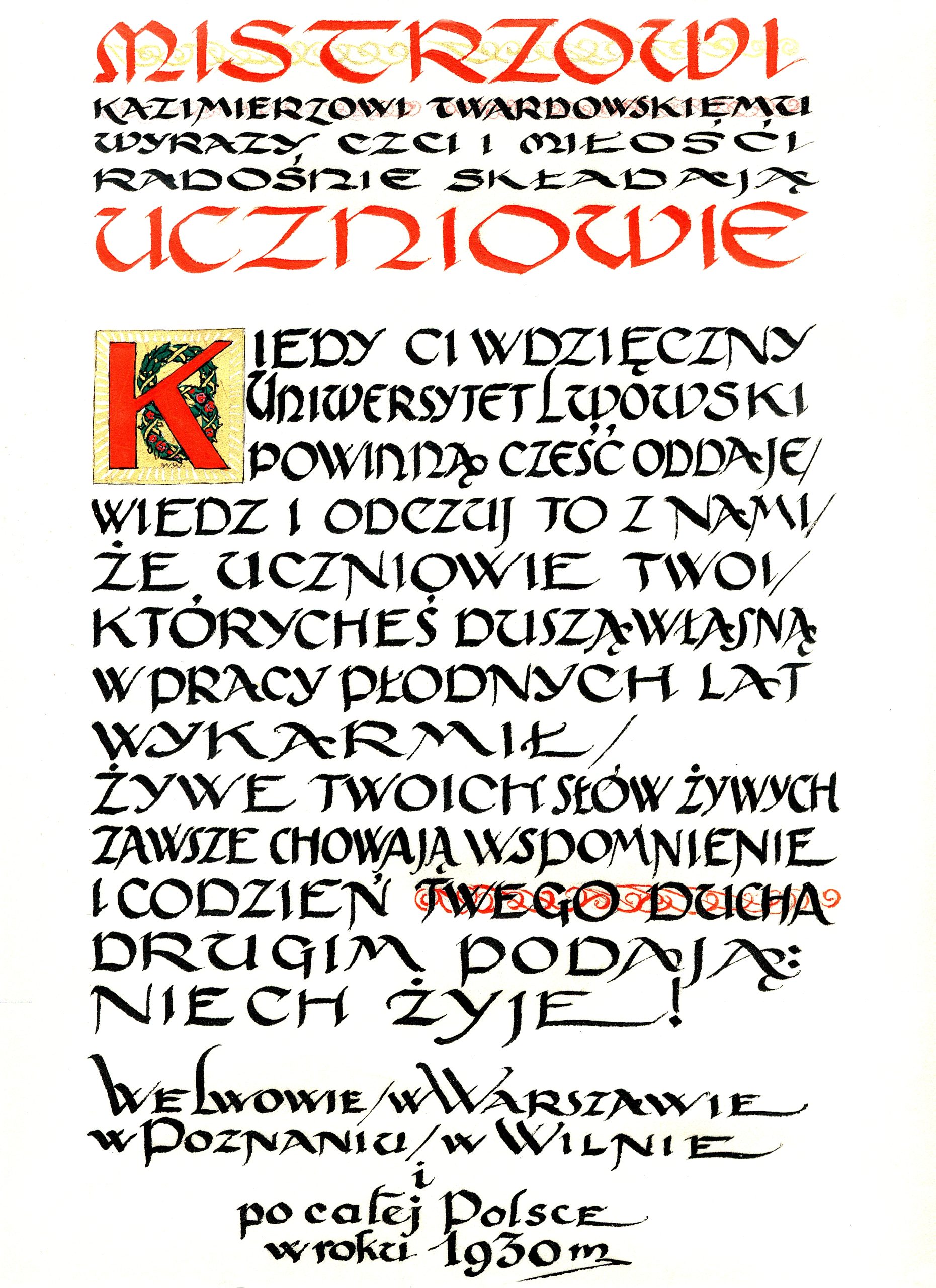 Życzenia od uczniów z okazji nadania profesury honorowej Uniwersytetu Lwowskiego (1930)